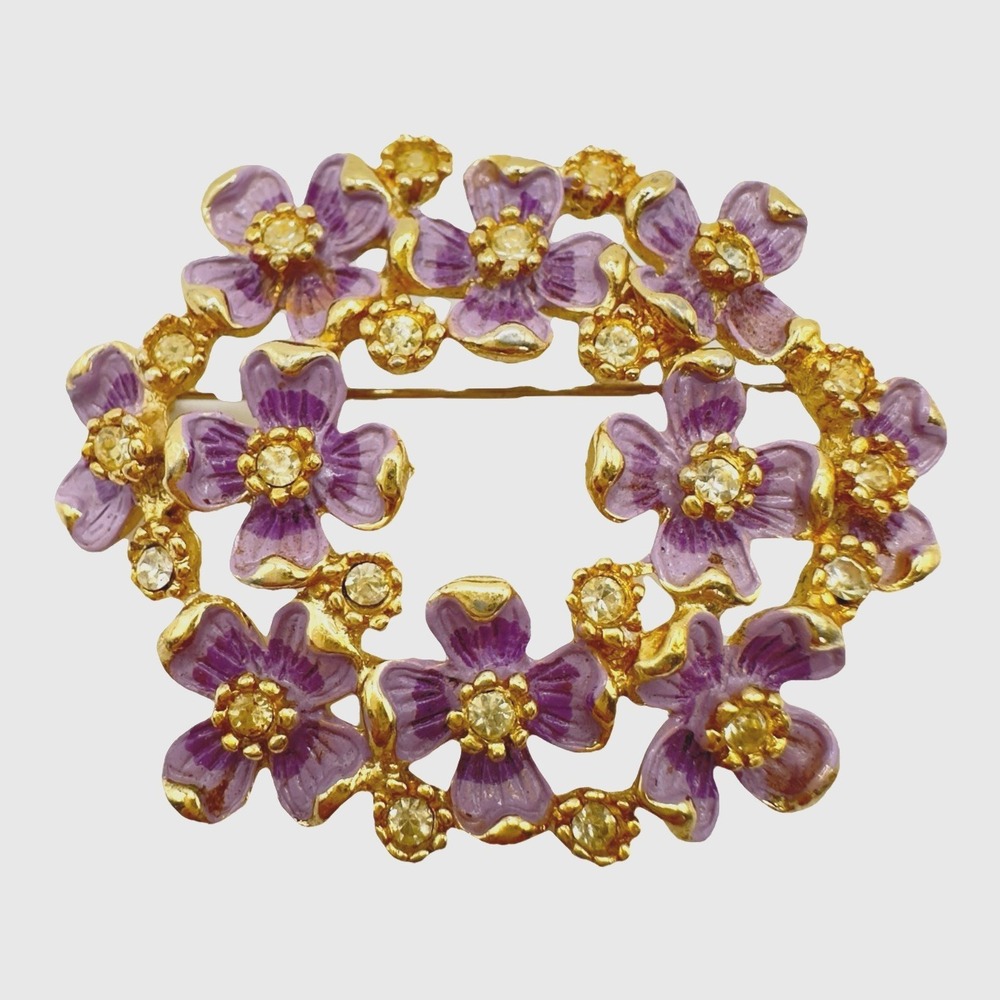 Kramer of New York Brooch Lavender Enamel Dogwood Flower Pin Clear Rhinestones